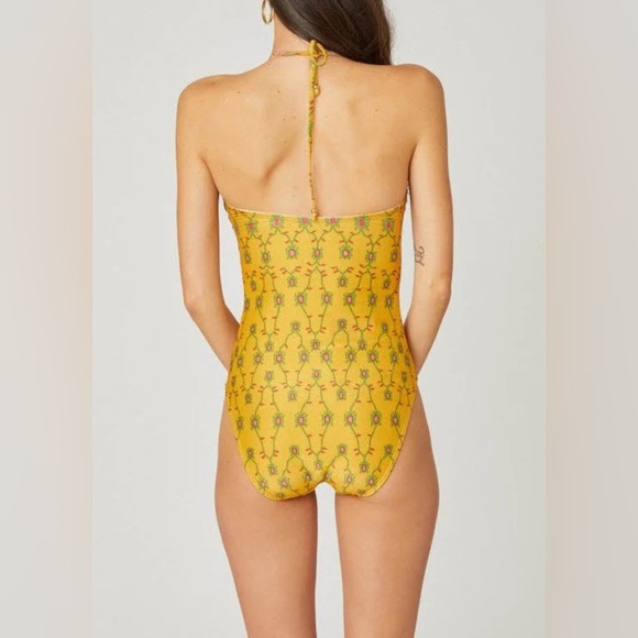 Shoshanna YELLOW MULTI CINCHED ONE PIECE Colorful Strapless Swimsuit 8 NEW $250! - Picture 2 of 14
